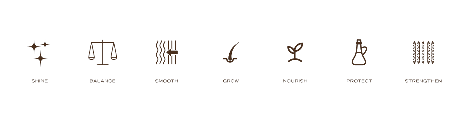 Seven hair care icons illustrating shine, balance, smooth, grow, nourish, protect, strengthen.